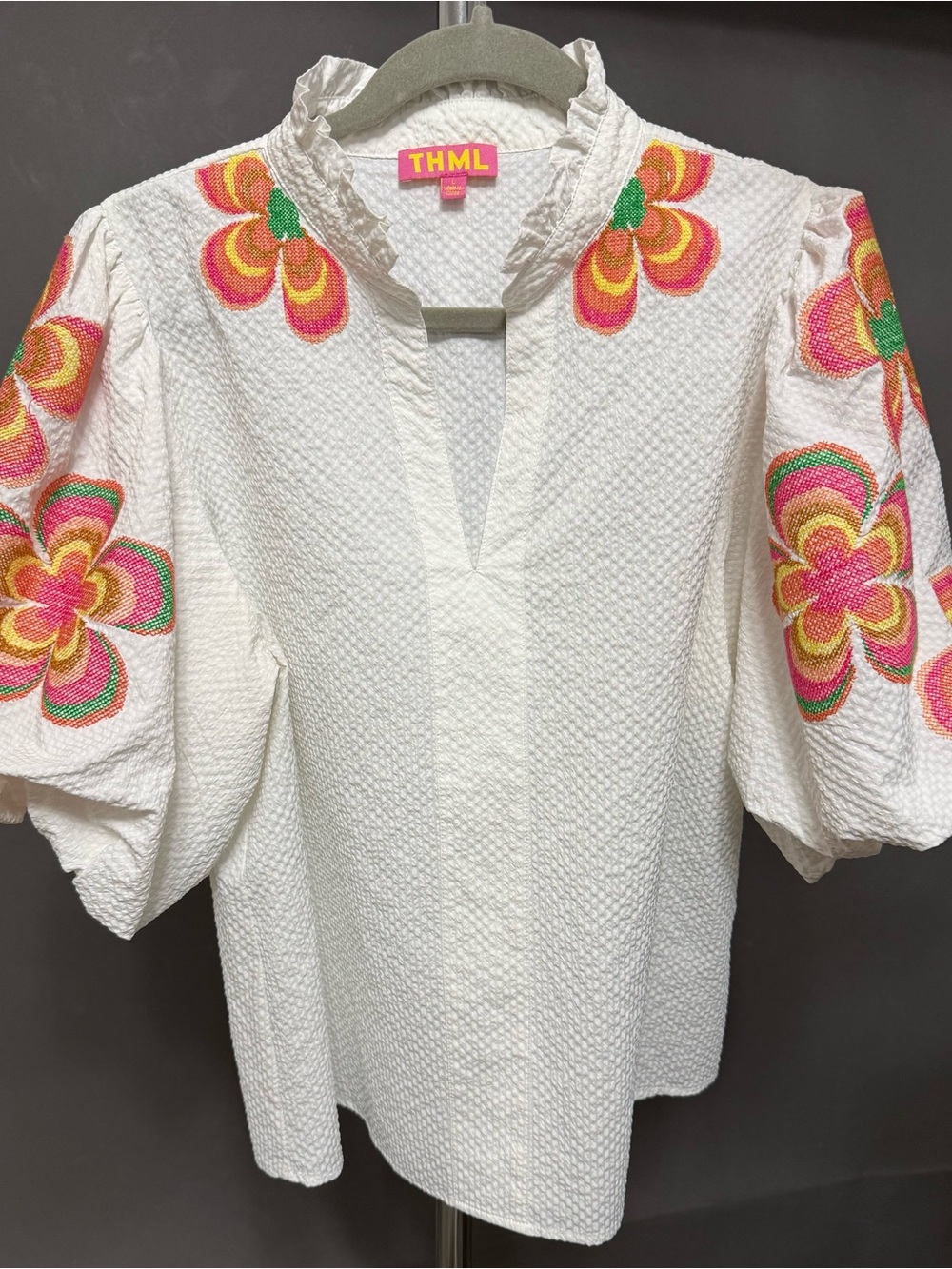 THML White Textured Blouse with Pink, Orange & Green Floral Embroidery
